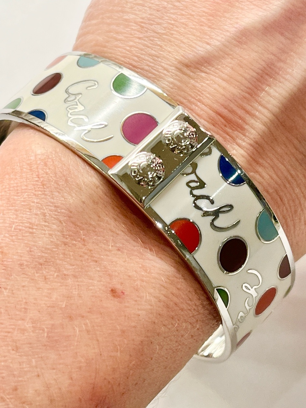 Coach Silvertone Polka Dot Enamel Bangle Bracelet NWOT - Picture 5 of 5